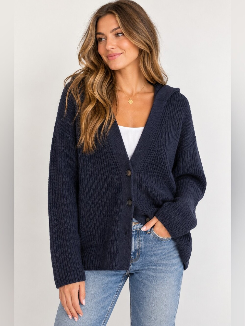 Vince Navy Wool Cashmere Ribbed Button Cardigan Sweater Size M